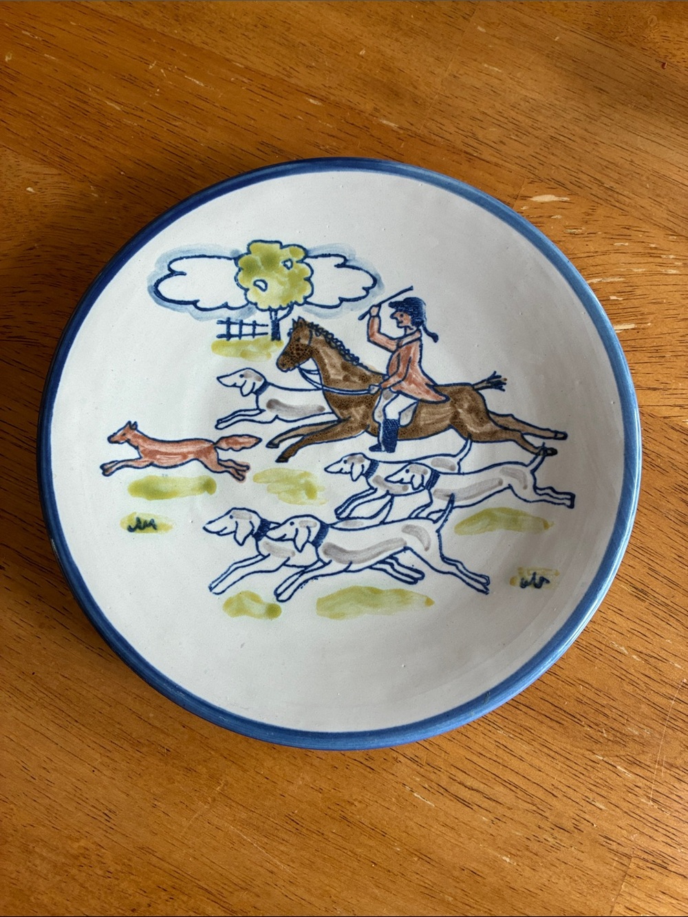 Decorative Ceramic Wall Plate with Blue Trim and Fox Hunt Motif